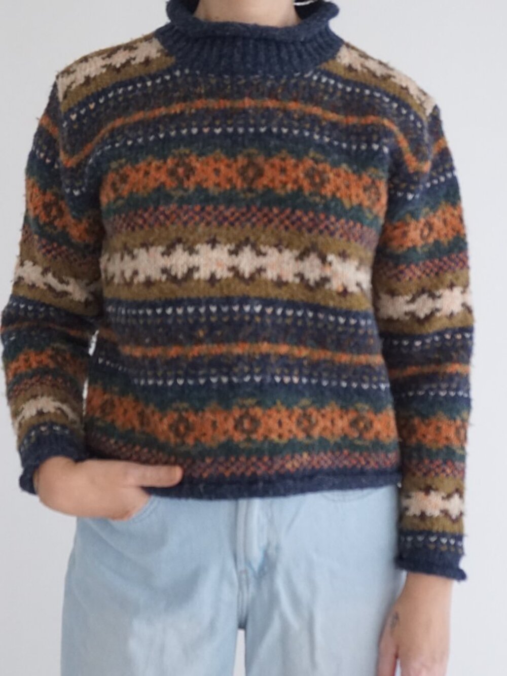 Vintage St Johns Bay Navy Fair Isle Nordic Mock Neck Wool Blend Sweater PM